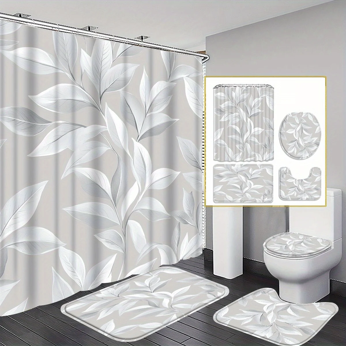 

4pc Gray leaf pattern bathroom set, U-shaped mat, toilet seat cover, shower curtain with hooks, non-slip mat