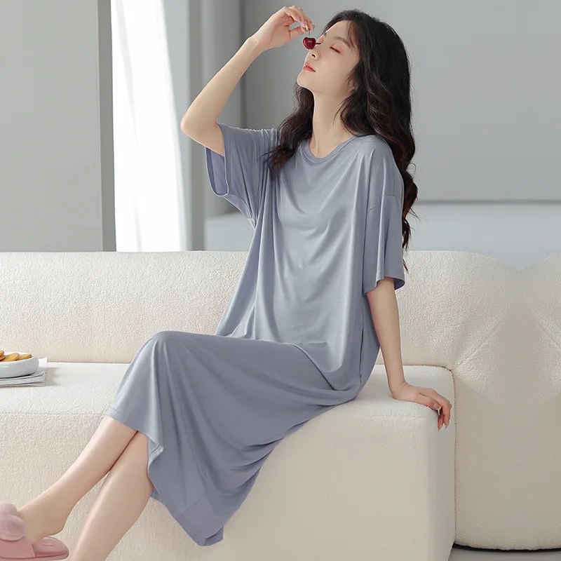 Silk Luminous Cotton Modal One-Piece Sleep Dress Women Summer Short Sleeve Thin Home Wear Comfortable Breathable Outdoor Dress