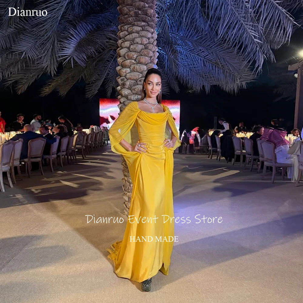 فستان سهرة لامع مصنوع يدويًا من Dianruo بطيات بطول الأرض فيستدو فورماليس أصفر عالي الجودة فيستدوس دي فيرانو مخصص #1