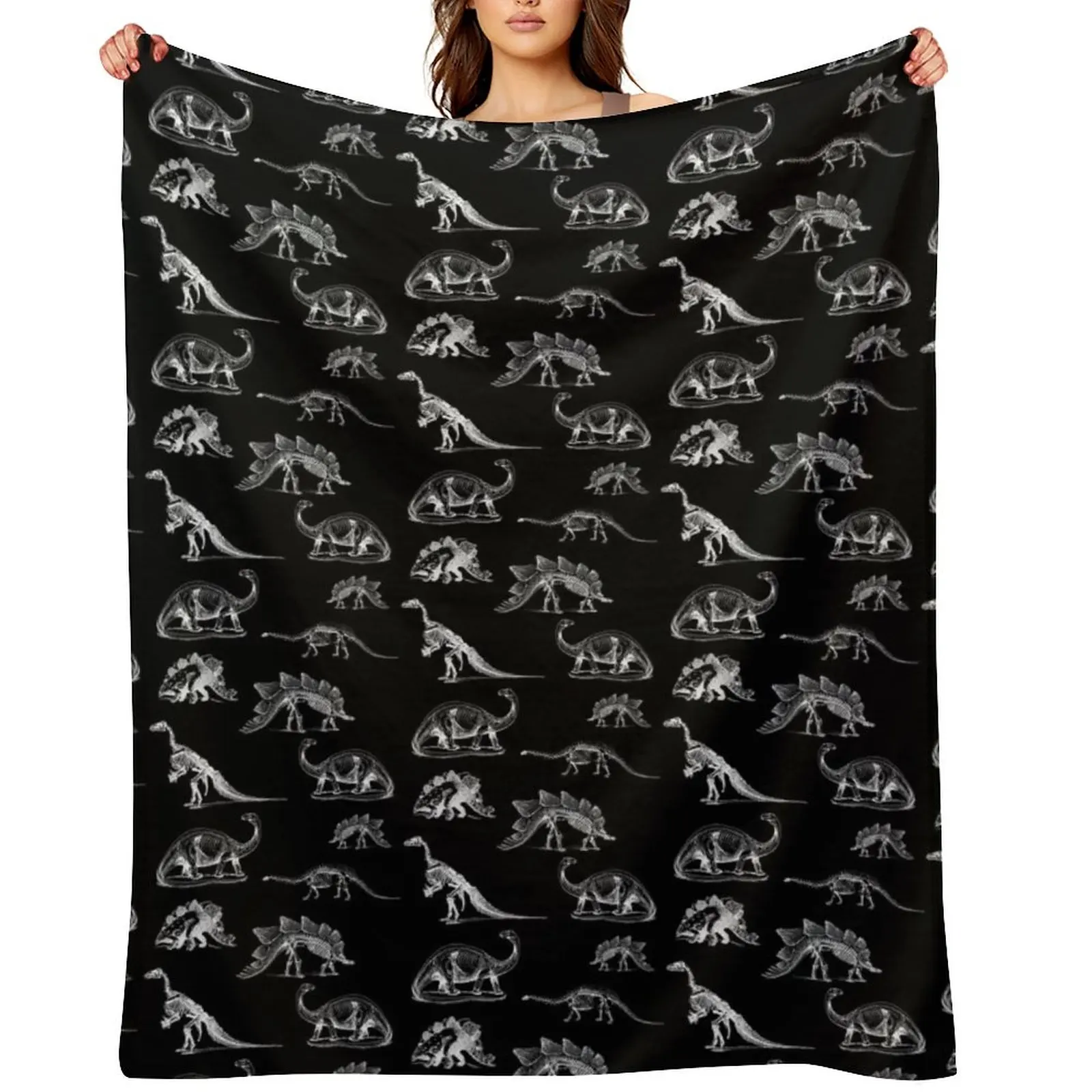 

Vintage Museum Dinosaurs and Skeletons X-Rays on Black Throw Blanket Loose Nap Blankets
