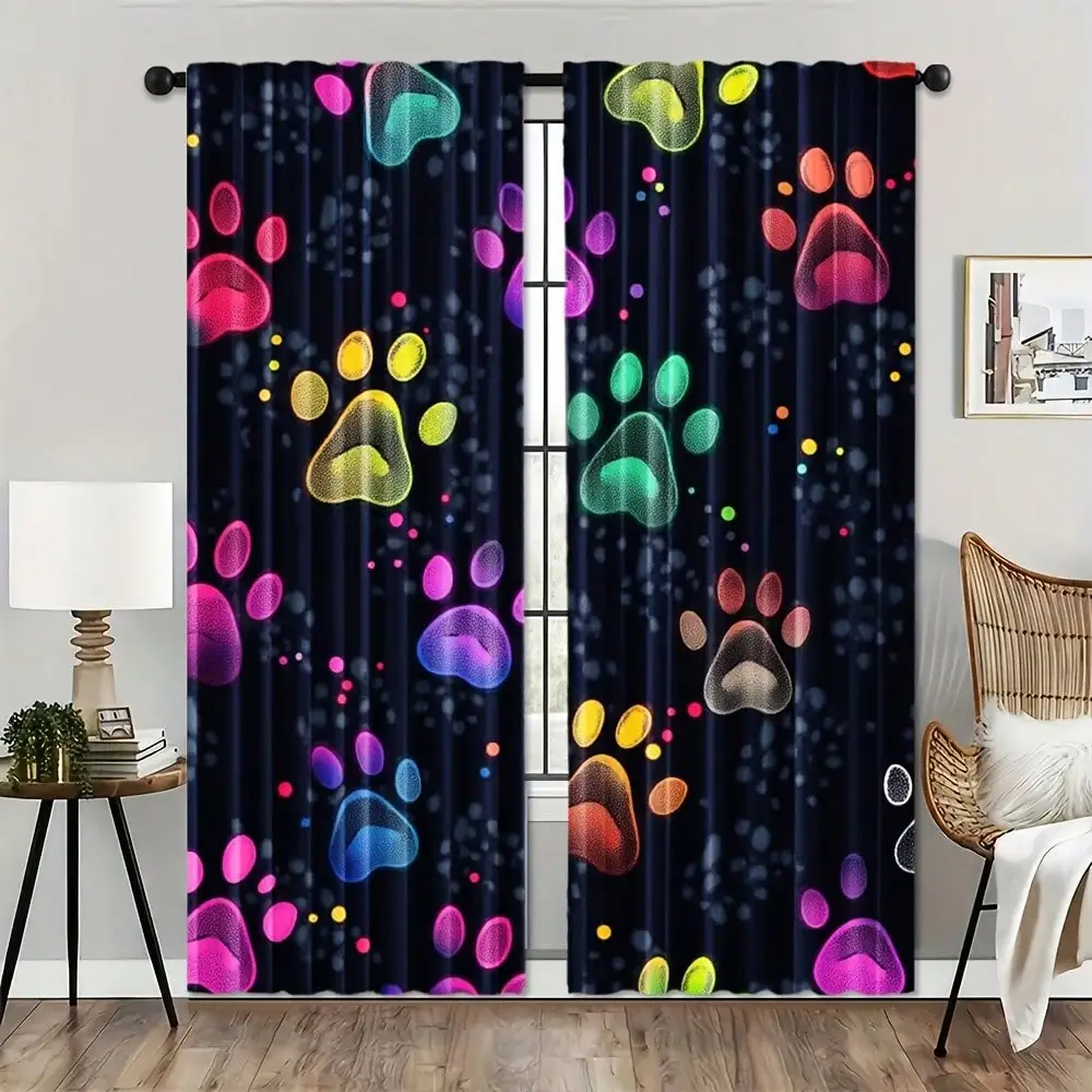 2pcs Contemporary Cartoon Paw Print Semi-Transparent Curtains, 100% Woven Rod Pocket Drapes For Bedroom, Machine Washable