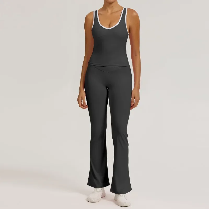 

Women 2 Piece Seamless Yoga Set Butt-Lifting Micro Flared Wide Leg Pants Contrast Color Sports Vest Quick-Dry Gym Running Outfit