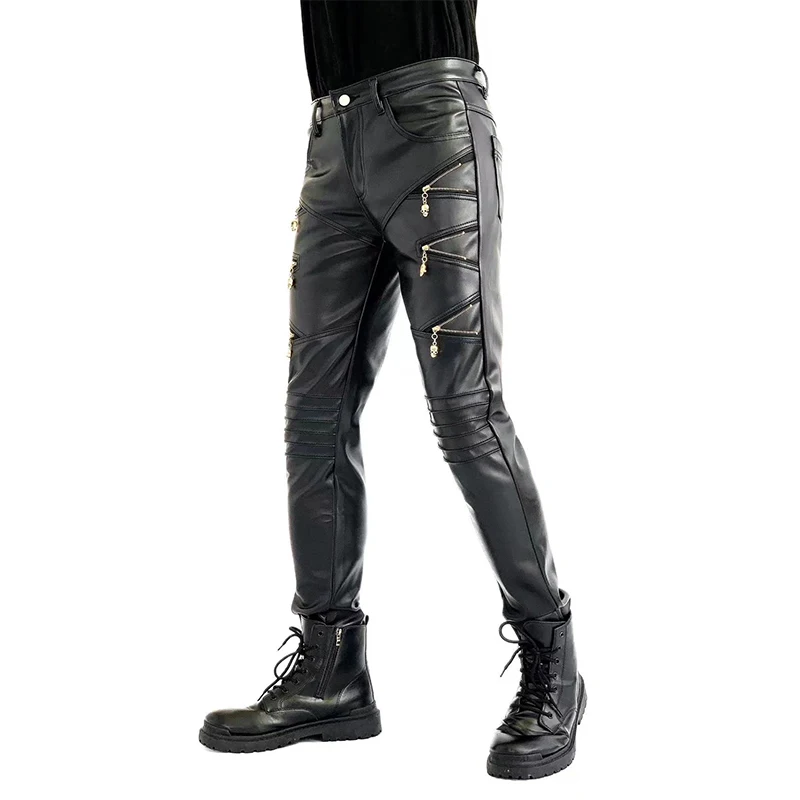 Pantalones ajustados de cuero sintético para hombre, pantalón de motorista para hombre, ropa de escenario para Club, novedad