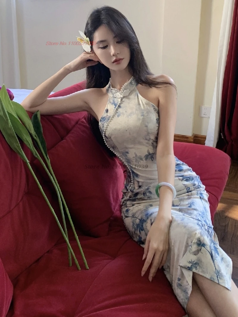 

Китайский сексуальный Cheongsam 2021, улучшенное Ципао, традиционное платье Ципао с цветочным принтом для ночного клуба, элегантное банкетное вечернее платье, платье