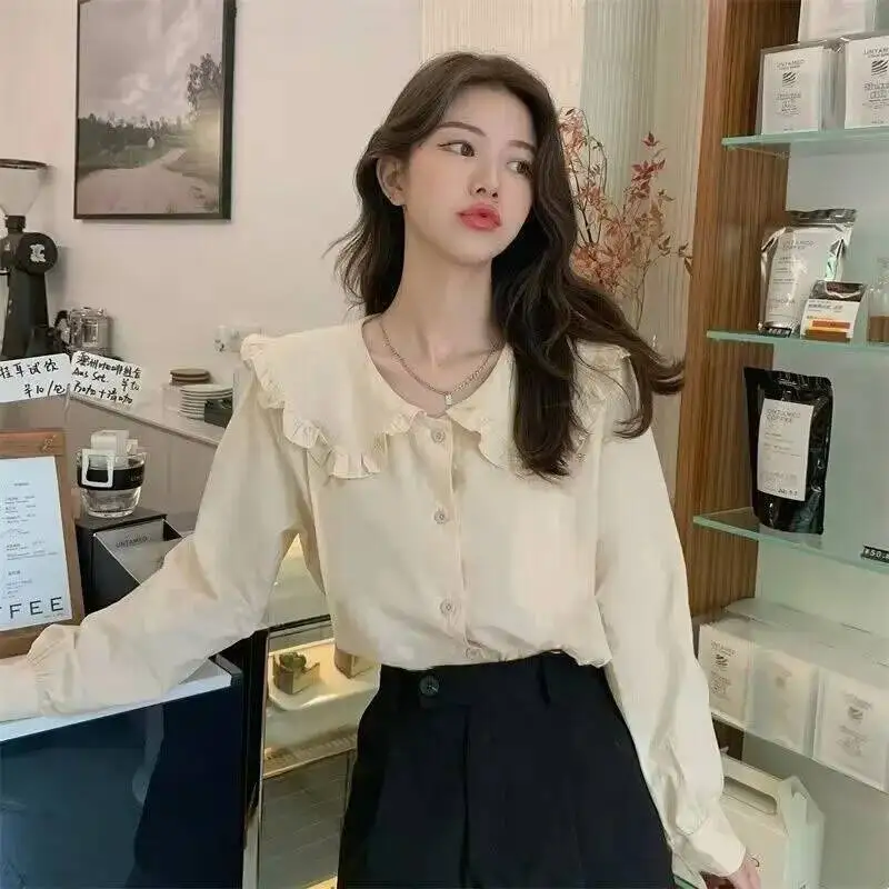 

Lucyever Women Blouse Sweet Preppy Style Peter Pan Collar Shirts Woman Korean All Match Long Sleeve Single Breasted Blusas Tops