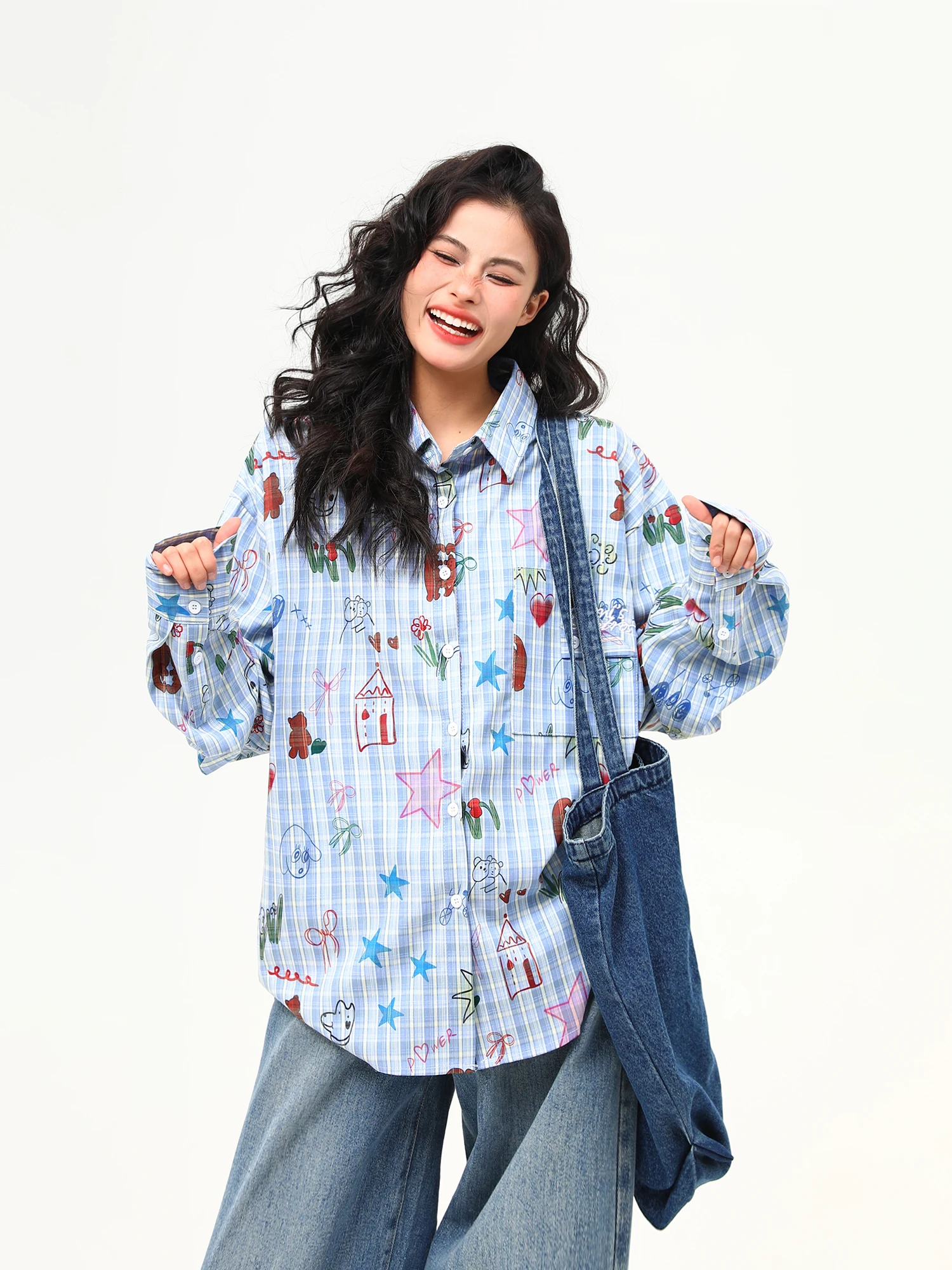 

Wildern Azi Hand-Painted Loose Long-Sve irt Women's Spring New Sle Trendy Collar Button-Up Casual Faion