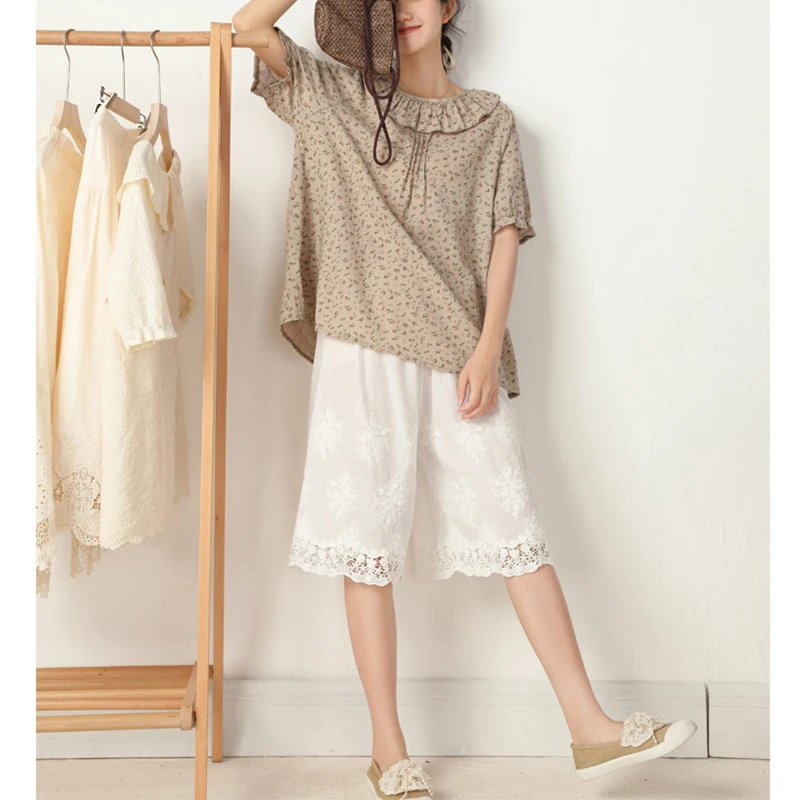 Sommer Stickerei Spitze Breite Bein Hosen Frauen Kleidung Süße Einfarbig Lose Anliegende Baumwolle Leinen Knie-länge Hosen K064