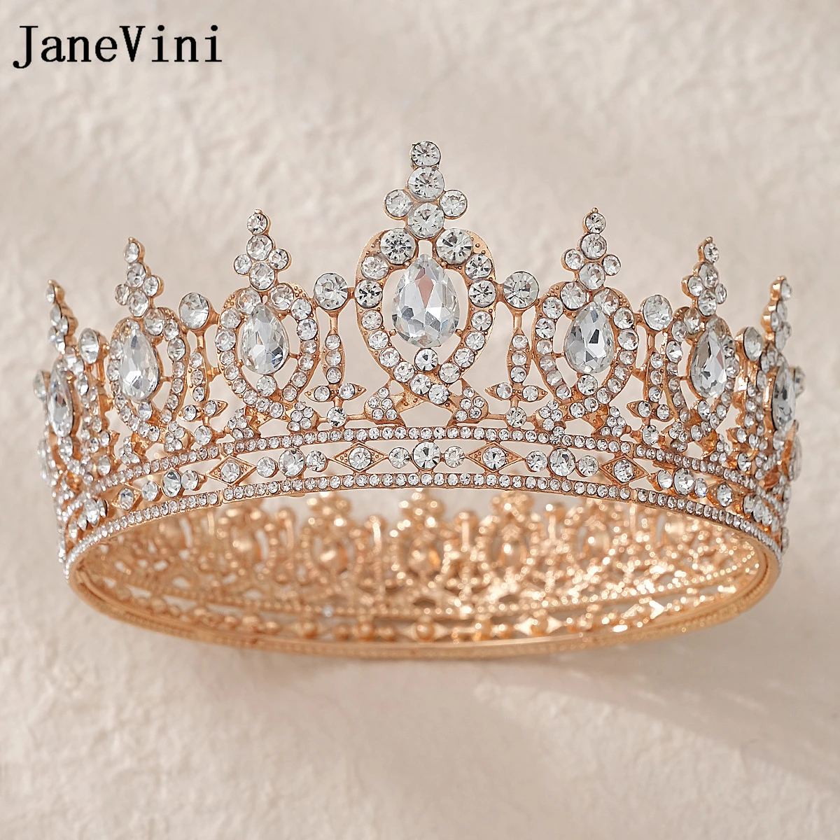 

JaneVini Gold Rhinestone Wedding Crown Crystal Bridal Hair Accessories Women Tiara Baroque Headdress Bride Queen Diadem Headwear