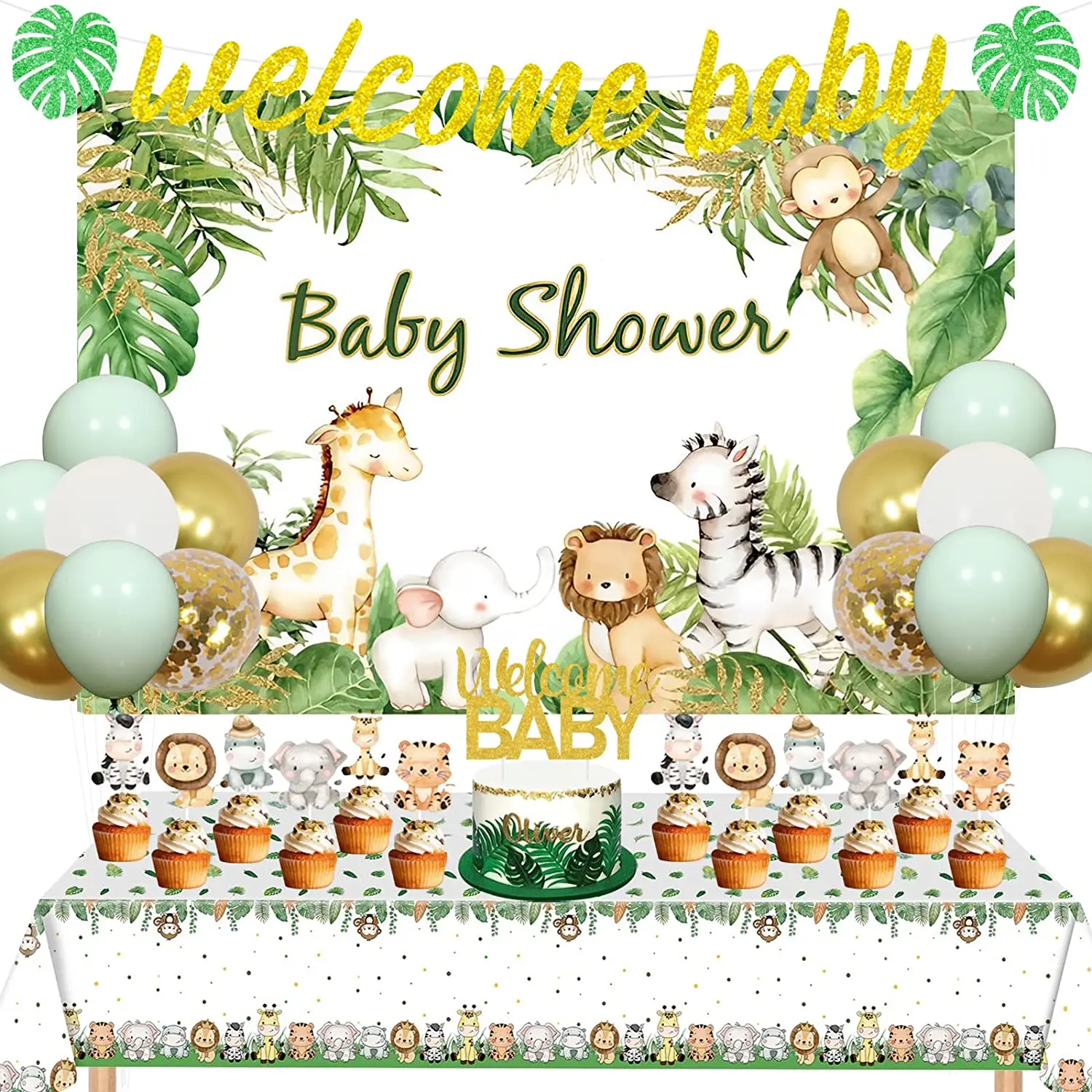 Sursurprise-Jungle Safari Baby Shower Decorations, Sage Green Balloons, Welcome Baby Backdrop Banner, Cake Topper, Animal Tablec