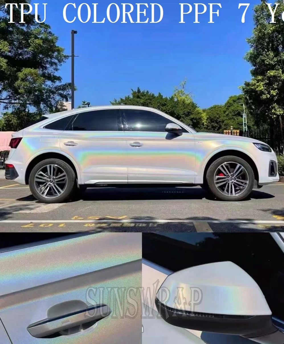 

Rainbow Iridescent White Laser TPU PPF Wrap Film for Cars, Boats, Yachts-Self-Healing Color Shift Covering Films 5x52ft/roll