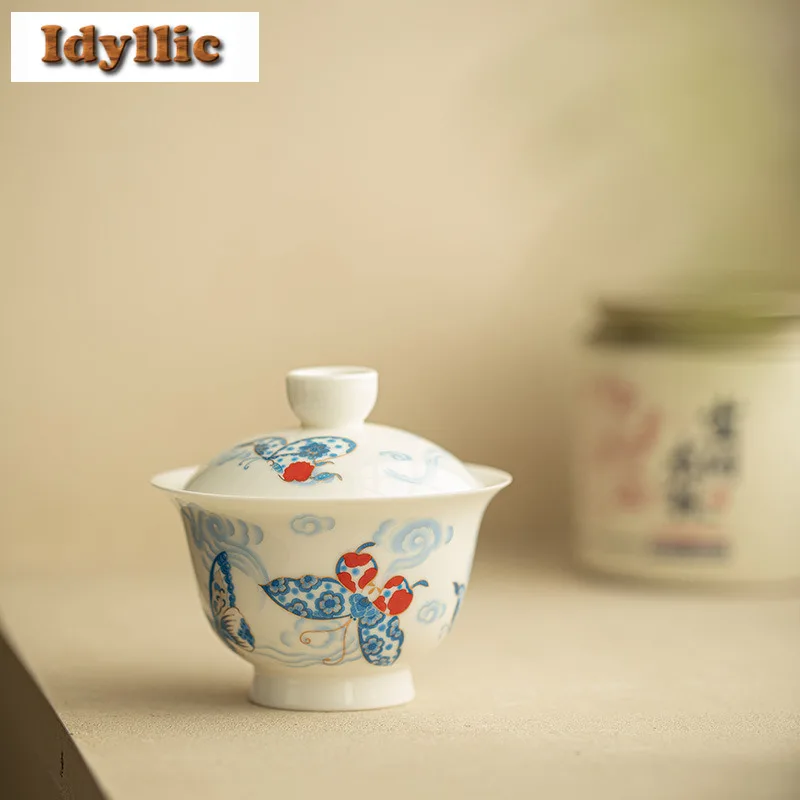 

140ml Butterfly High Foot Gaiwan Aesthetic Tea Tureen Tea Bowl With Lid Kit Tea Making Cover Bowl Cha Accessories Ornaments Gift