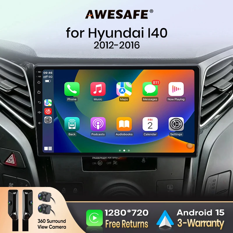 AWESAFE Bezprzewodowy CarPlay Android Auto do Hyundai i40 2012-2016 Radio Samochodowe Multimedialny Odtwarzacz Stereo Wi-Fi Nawigacja GPS 2 Din Autoradio Inteligentne Systemy Samochodowe 1280*720 IPS