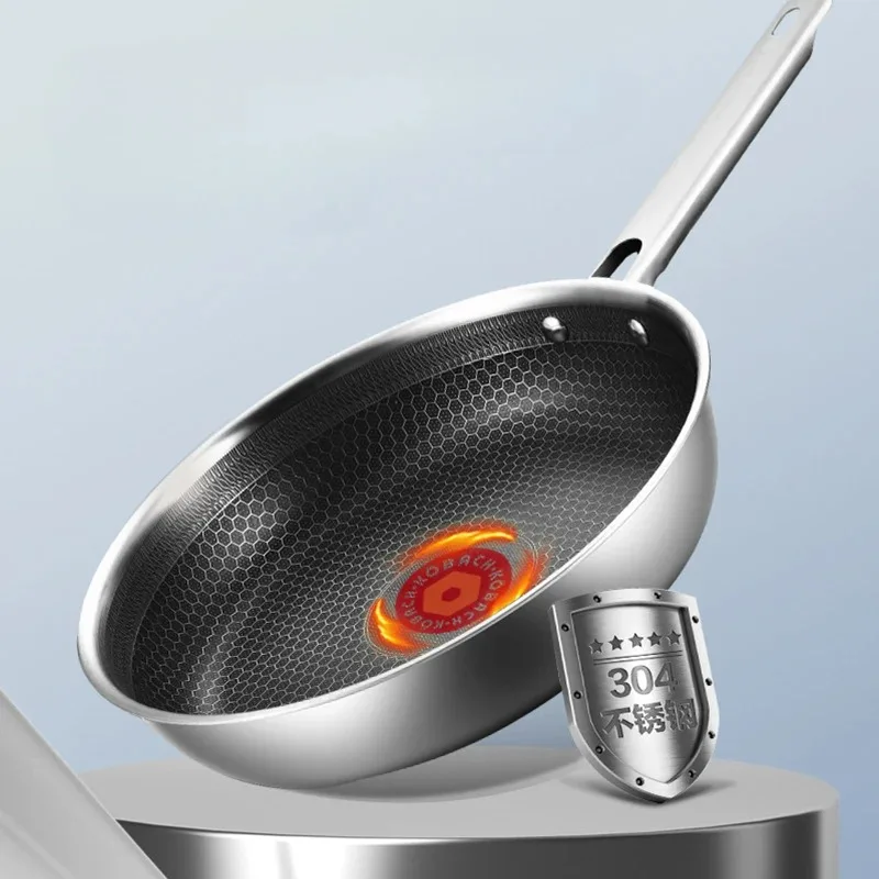 304 Stainless Steel Flat Bottomed Double-sided Honeycomb Non Stick Wok Home Steak Frying Pan Kitchen Cookware
