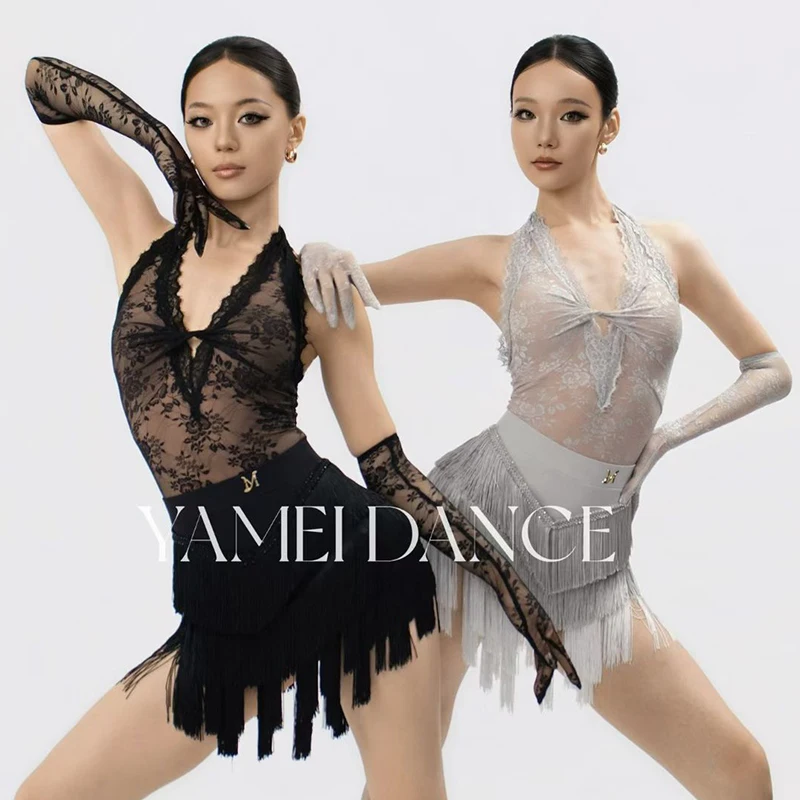 

2026 Latin Dance Clothes Women Performance Costumes Gray Black Lace Bodysuit Fringed Skirt Rumba Chacha Competition Dresses
