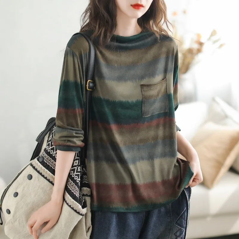 Spring and Autumn Women\'s Pullover Half High Neck Long Sleeve Striped Pocket Vintage Loose Fashion Casual Bottom T-shirt Tops