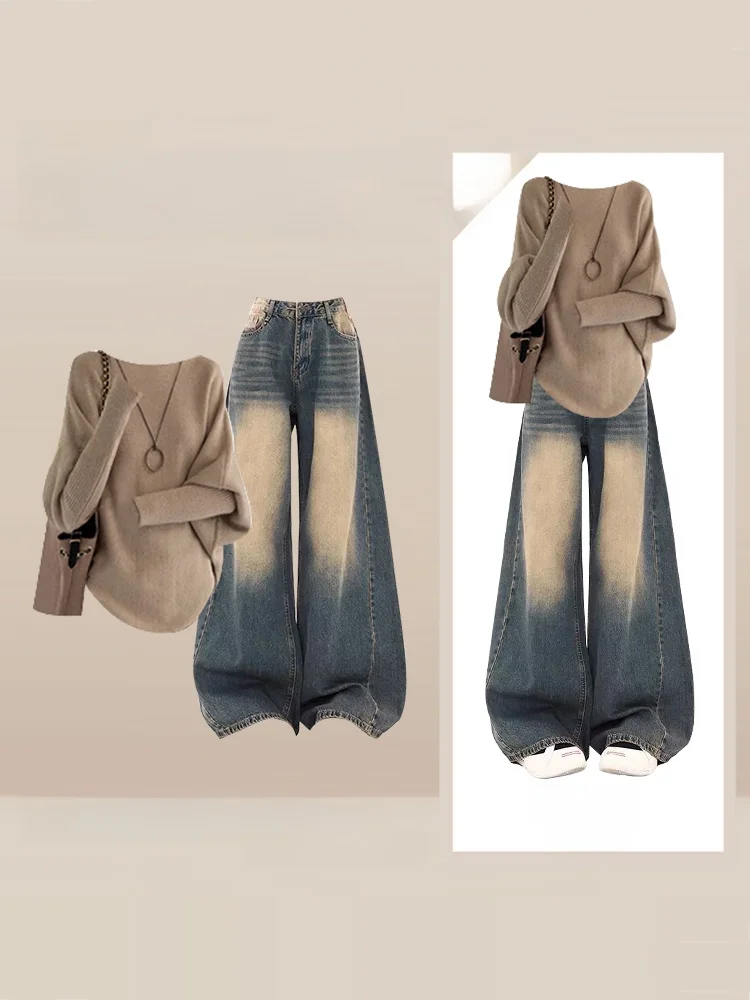 

Women's Winter Faion Knitted round Ne Sweater And Wide Leg Jeans Two Piece Set Vintage Sle plus Size High Waist Trousers