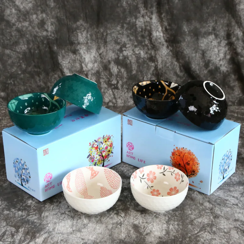 4pcs Japanese Embossed Underglaze Colored Ceramic Rice Bowl Wedding Souvenir Return Gift Holiday Gift Color Box Bowl Set