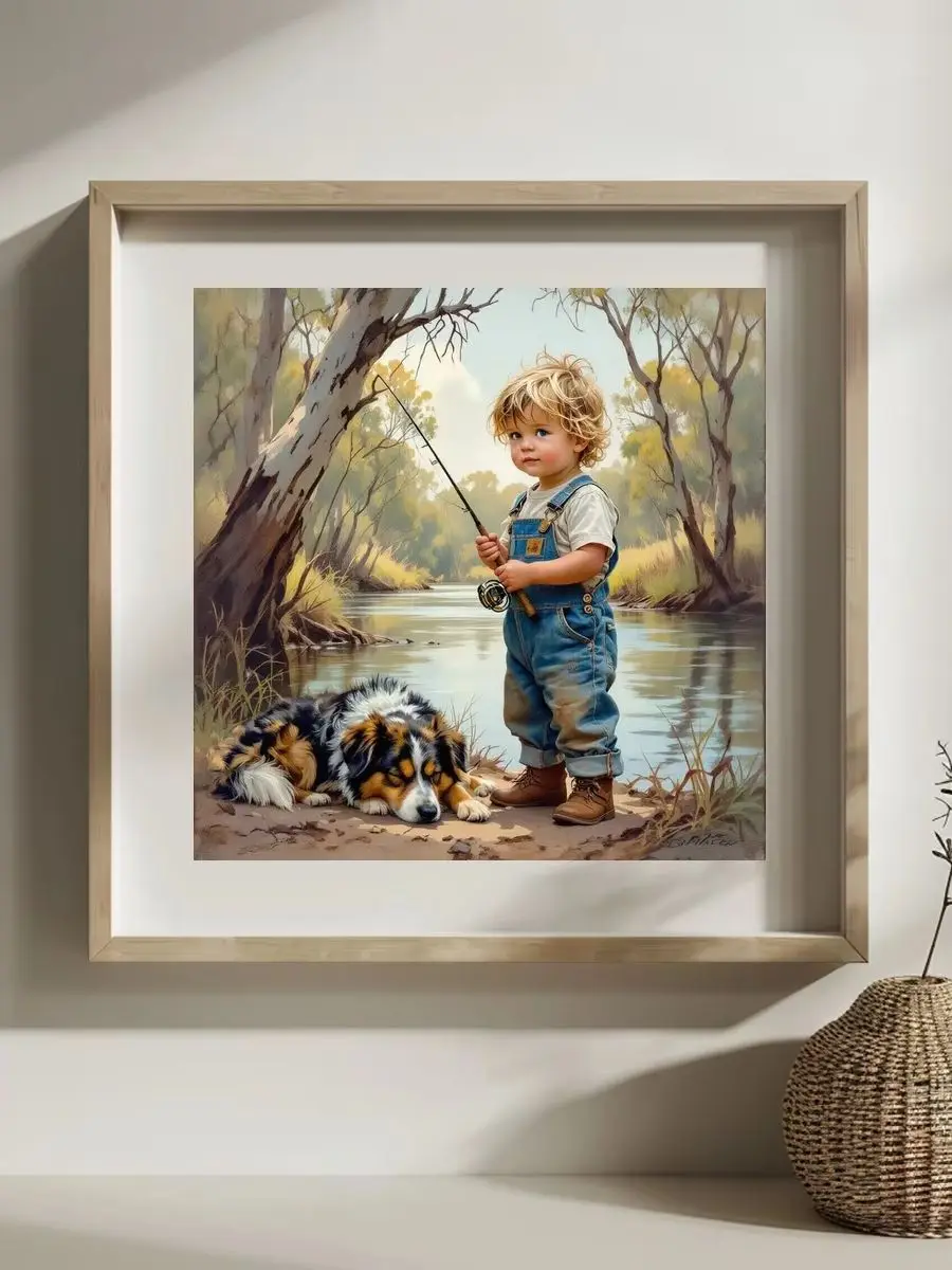 1 Stück 30x30 cm/11,8 Zoll, 11Ct/14Ct Kreuzstich-Set, DIY Valentinstagsgeschenk, Stickerei-Set für Festlichkeiten, Anglerjunge mit Hund – Detail 1