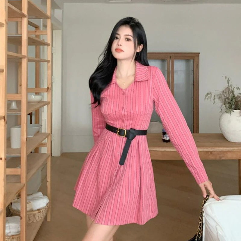 Large Size Sweet Spicy Style V-neck Striped Dress Spring 2024 New Women Sense of Design Niche Shirt Skirt Leisure A- Line Skirt