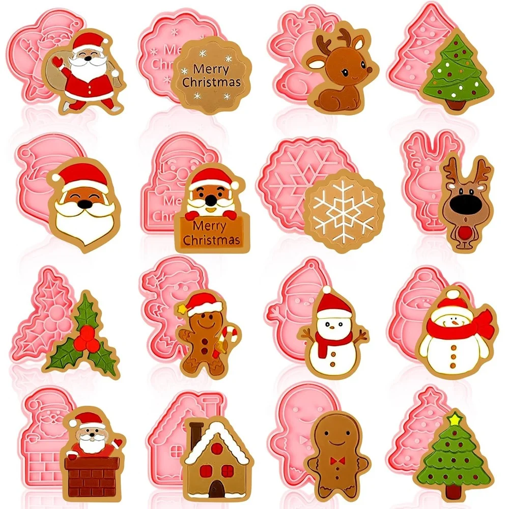 

16 PCSChristmas Cookie Molds Christmas Dough Stamps Plastic 3D Cartoon Pressable Cookie Molds DIY Candy Baking Pastry Decoration