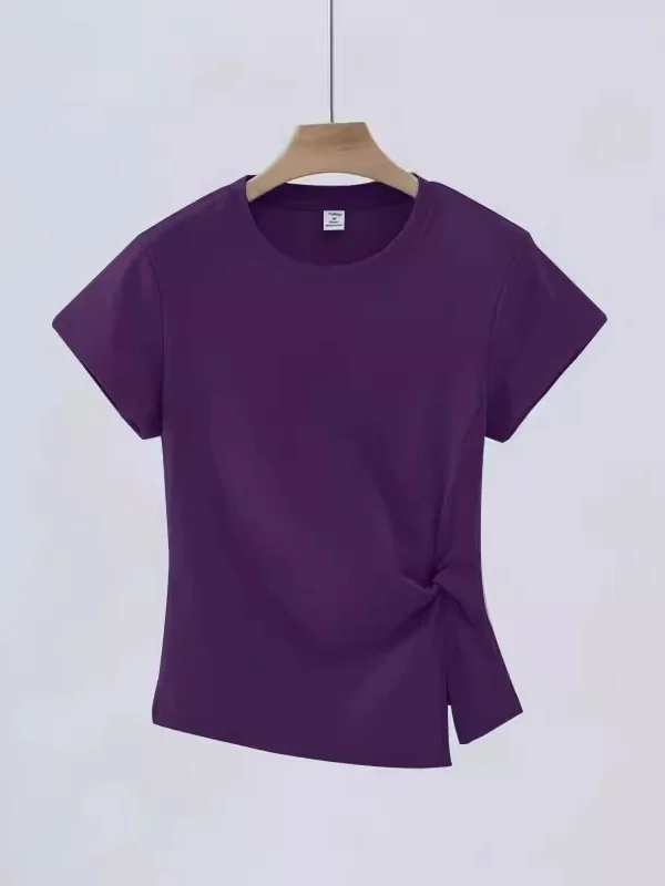 Summer New Style Personality Match All Pure Desire Wind Anti-Aging Fashion Short Sleeve T-Shirt Pure Color Top for Women