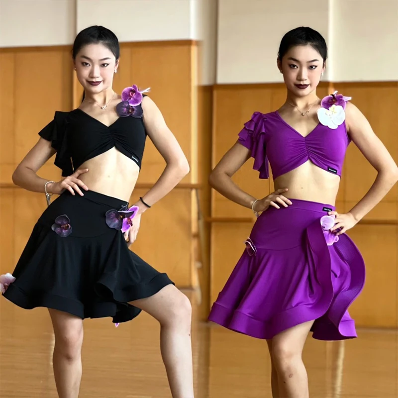 Latin Dance Costume Women Performance Suit Flower Tops Skirt Rumba Dance Dress Adult Latin Competition Prictice Wear DNV18241