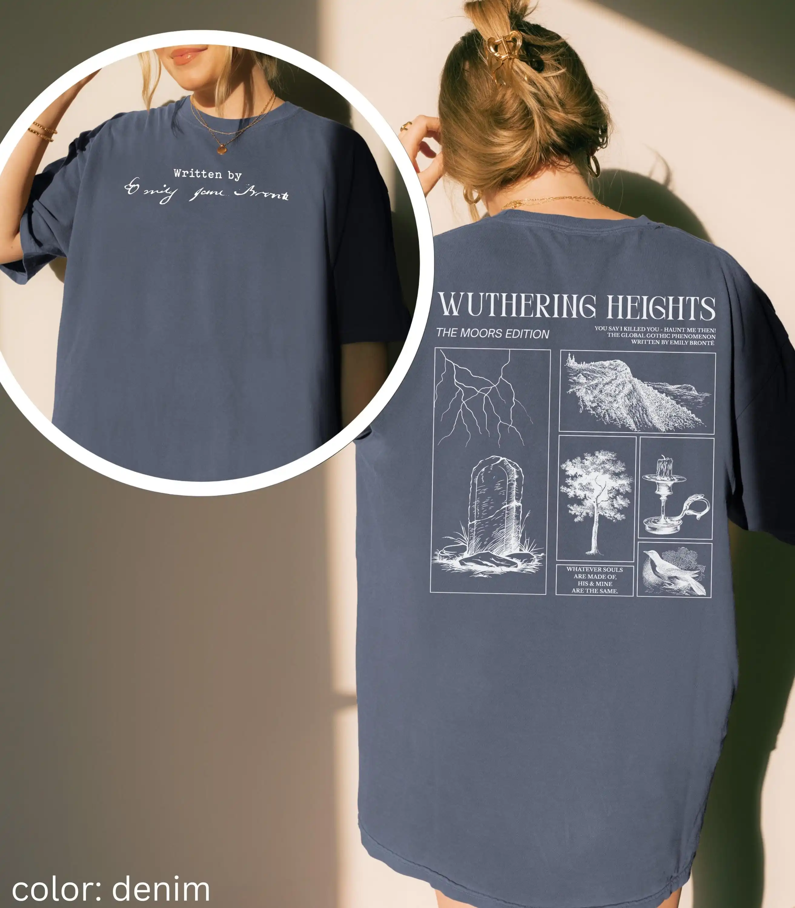 Wuthering Heights Written By Emily Bronte Signature Tee Words on Back Cathy Heathcliff Movie Lover Valentine Bookish