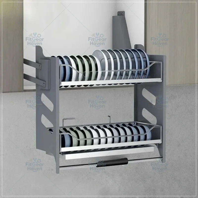 Suitable for Kitchen Hanging Cabinet Lifting Dishes Pull Baskets 304 Stainless Steel Double Layer Damping Hydraulic Smooth Lift
