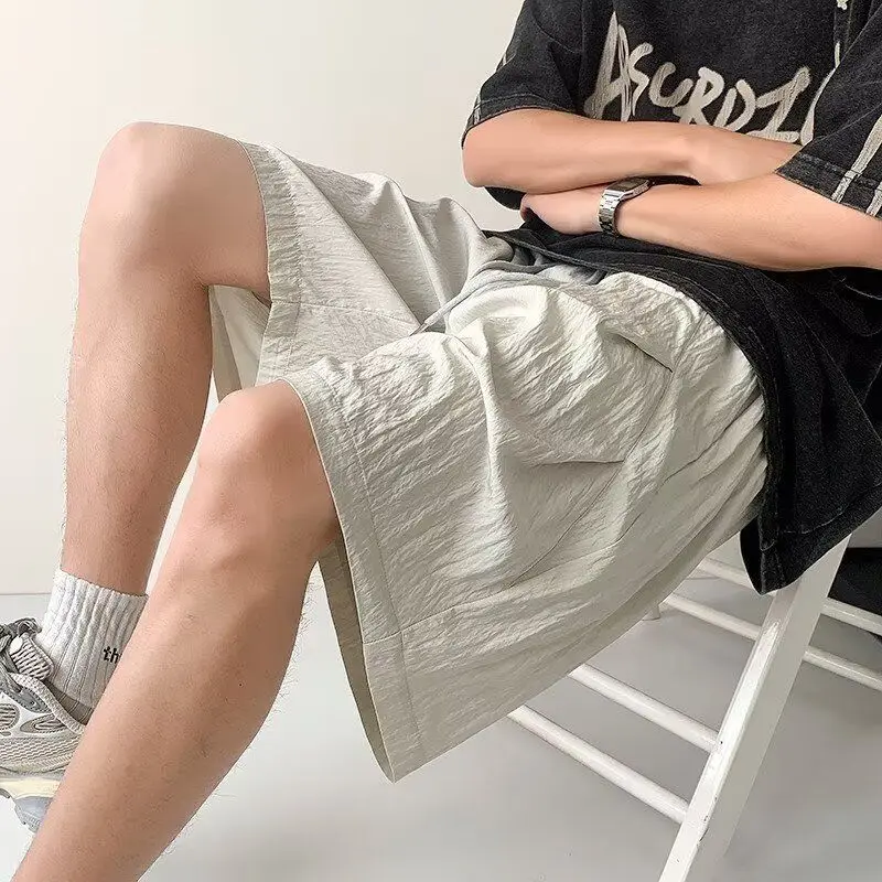 

Мужские шорты из ледяного шелка с быстрым высыханием, широкие, до колена, спортивные, с карманами, повседневные, прямые, однотонные, 5-точечные брюки