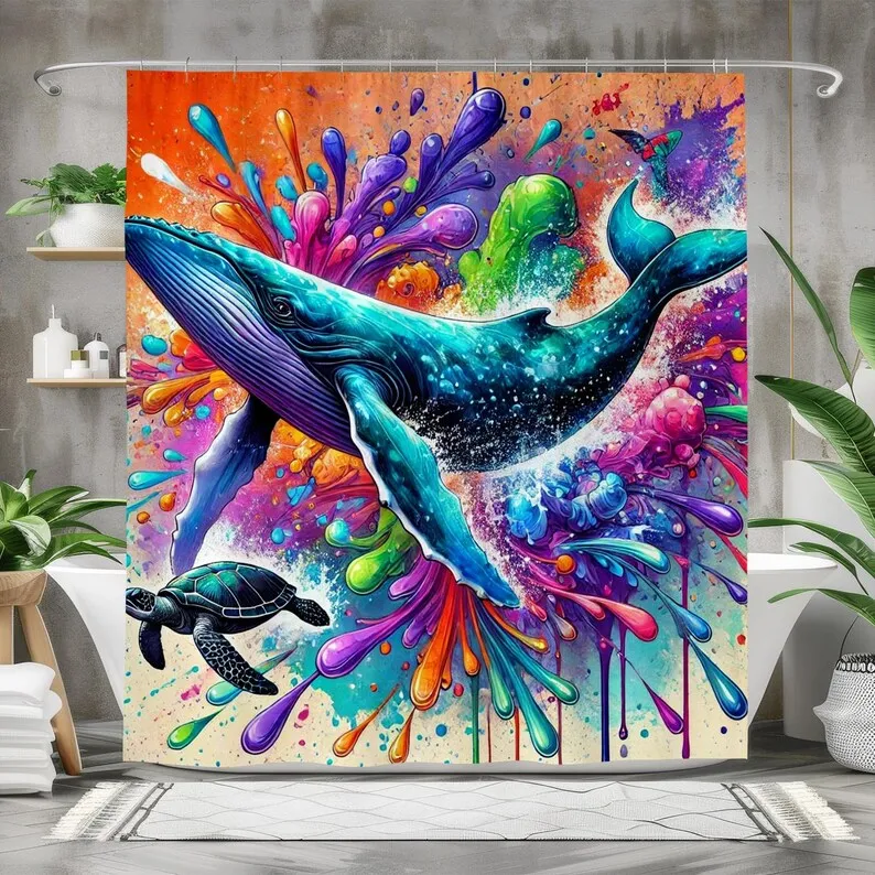 Colorful Whale Shower Curtain Fabric Bath Curtain, Vibrant Ocean Design, Artistic Marine Life Decor, Rainbow Splash Bathroom Art