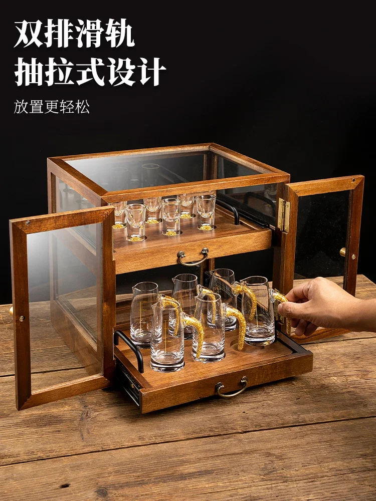 

Household high-grade gold foil Baijiu cup set wine dispenser solid wood double glass storage wooden box wine cabinet one cup