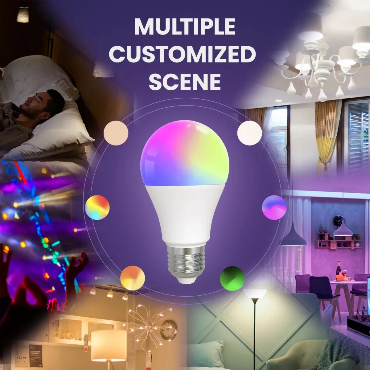 Tuya E27 Smart Light Bulb,  RGBW LED Color Changing Bulbs, Tuya Smart&Smart Life APP Control,APP Dimmable Music Sync image 2
