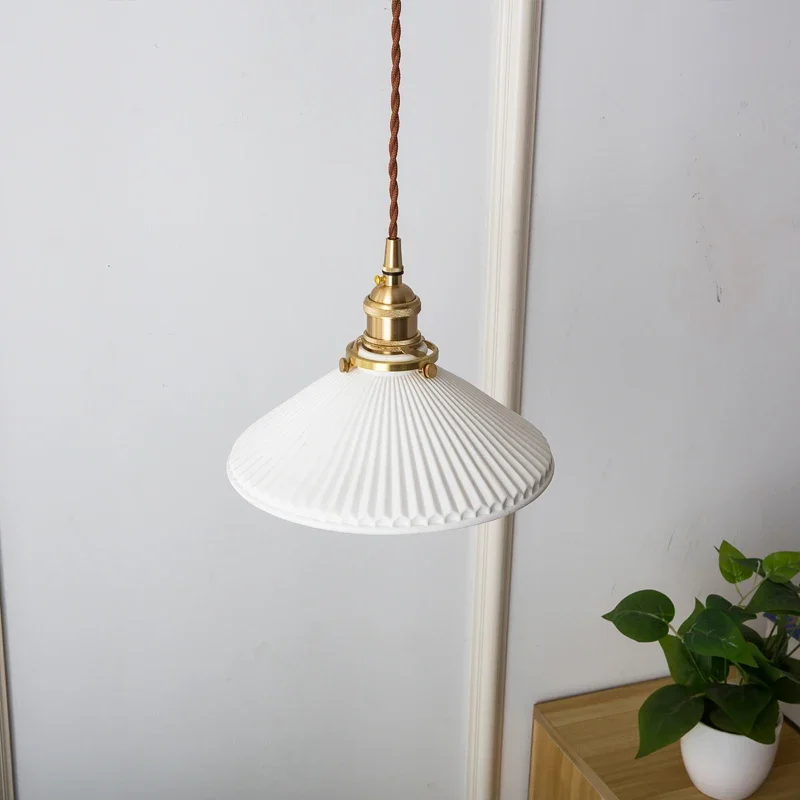 

2025 White Ceramic Brass Pendant Lights Fixtures Restaurant Bedroom Bedside Nordic Japanese Style Hanging Lamp LED Hanglamp