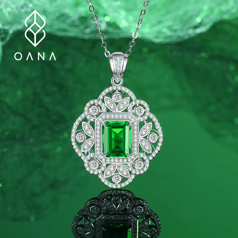 S925 Sterling Silver Inlaid With Emerald Green 5 Carat Colored Gemstone Necklace Women's Pendant Retro High-end All-match Jewelr