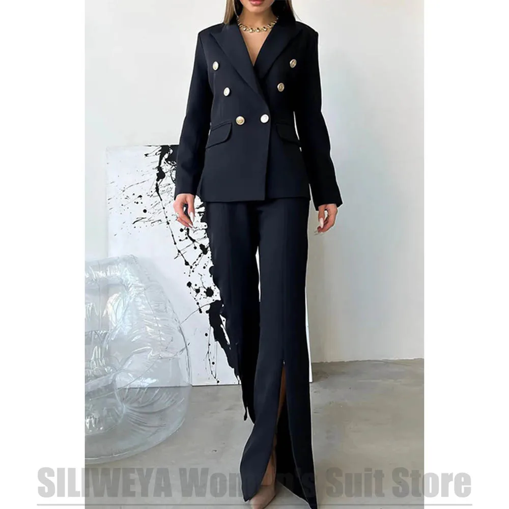 Women's Navy Blue Suit Double Breasted Blazer and Split Wide Leg Pants Set Two Piece Fashion Office Party Daily Casual Suits