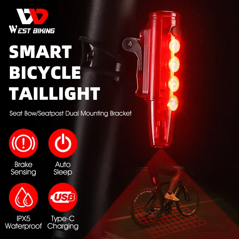 WEST BIKING Smart Bicycle Taillight Brake Sensor Laser LED Rear Light IPX5 Waterproof Flash Light Rechargeable Cycle Accessories