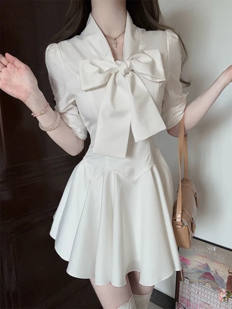 Minivestido de primavera para mujer, elegante, estético, estilo Preppy, Sexy, con volantes blancos, lazo de satén, ropa para chica Shoujo para trabajar, oficina