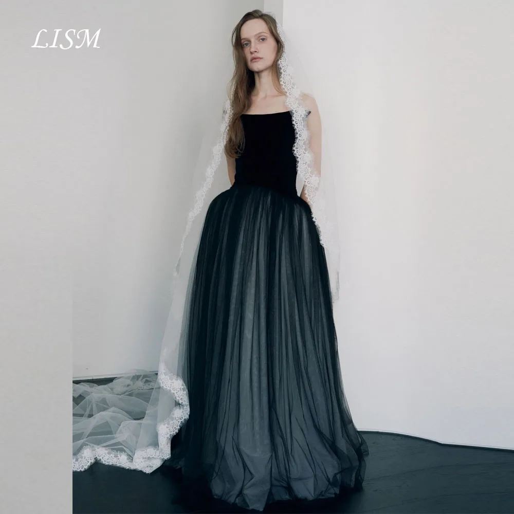 فساتين سهرة بدون حمالات من LISM على شكل حرف a من الحرير الأسود من التل أنيقة فستان حفلات خرافية مخصص لحفلات الزفاف رداء السهرة #1
