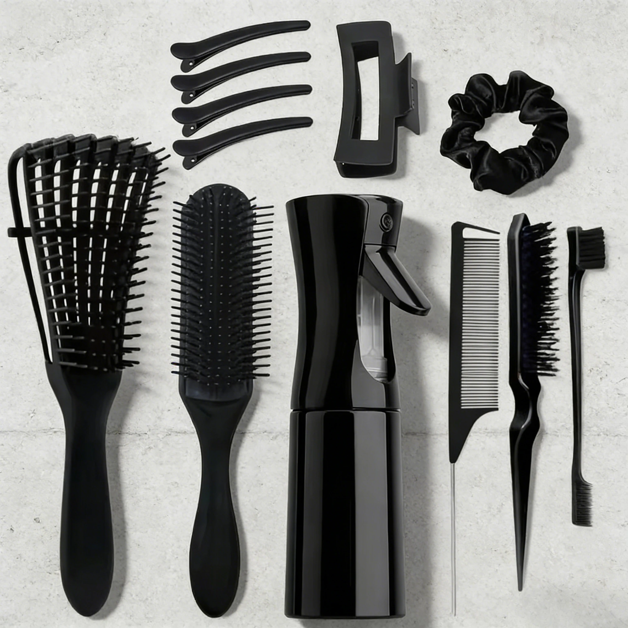 

12 piece modeling tool set, with a variety of combs, spray bottles, rectangular hair clips, hairbands and duckbill clips