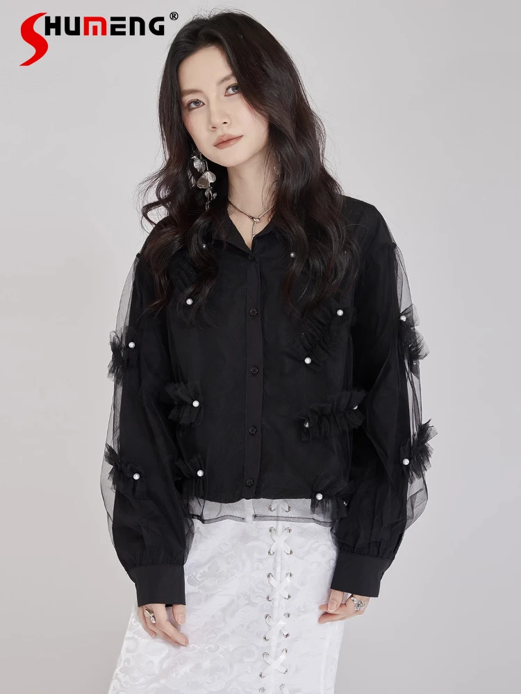 

2025 New Niche Design Shirt Beaded Three-dimensional Mesh Gauze Tops Women's Loose Hem Solid Color Short Single-breasted Shirts