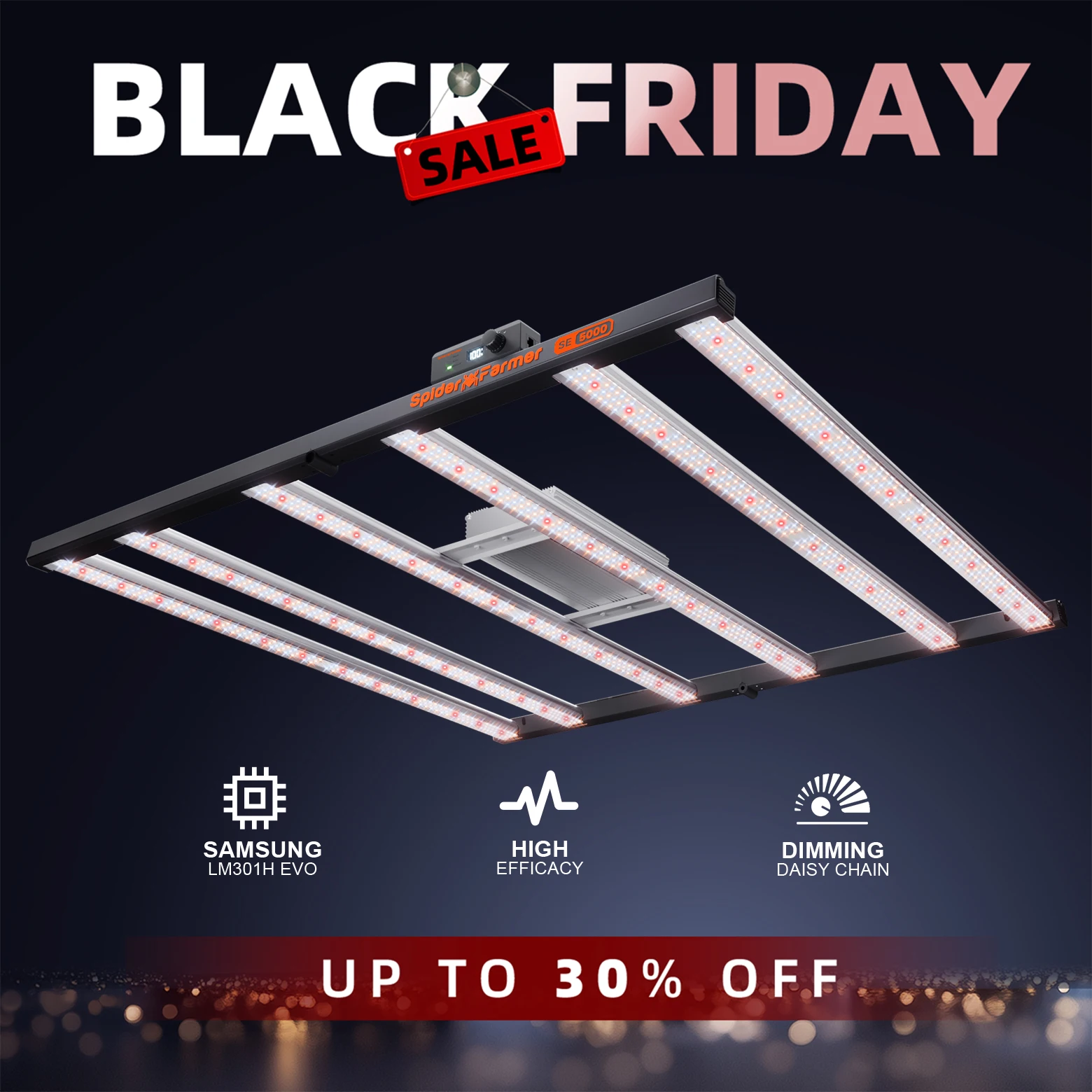 

Spider Farmer SE5000 480 Вт Светодиодный светильник для выращивания растений LM301H EVO Bluetooth и Wi-Fi Smart APP Управление с регулируемой яркостью Высокая эффективность для 2x2 футов