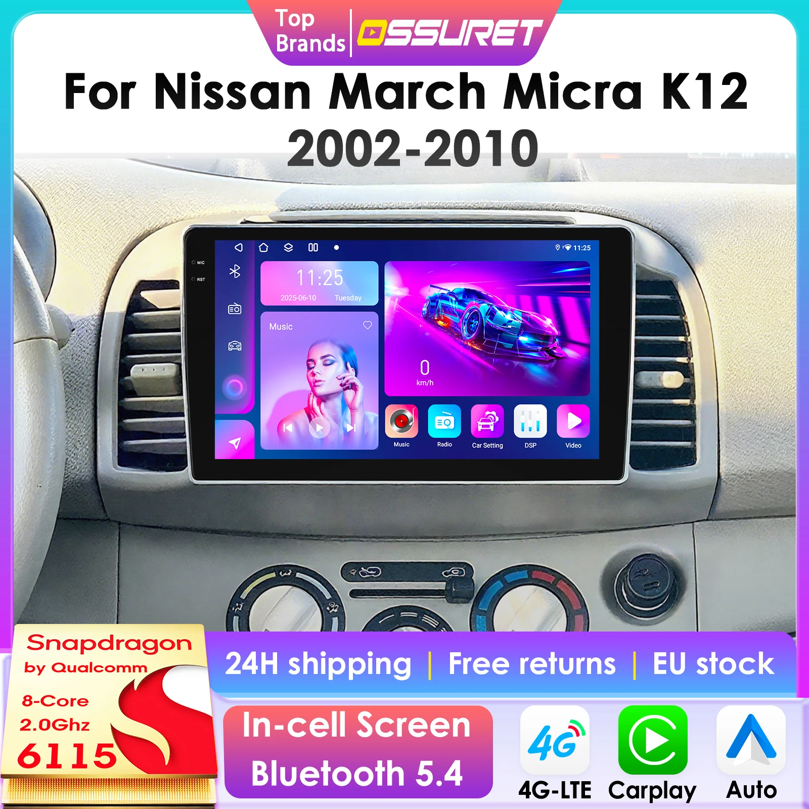 Qualcomm 8Core Android 14 Autoradio Per Nissan March Micra K12 2002 - 2010 Wireless CarPlay Android Auto 4G BT5.4 GPS DSP 360Cam