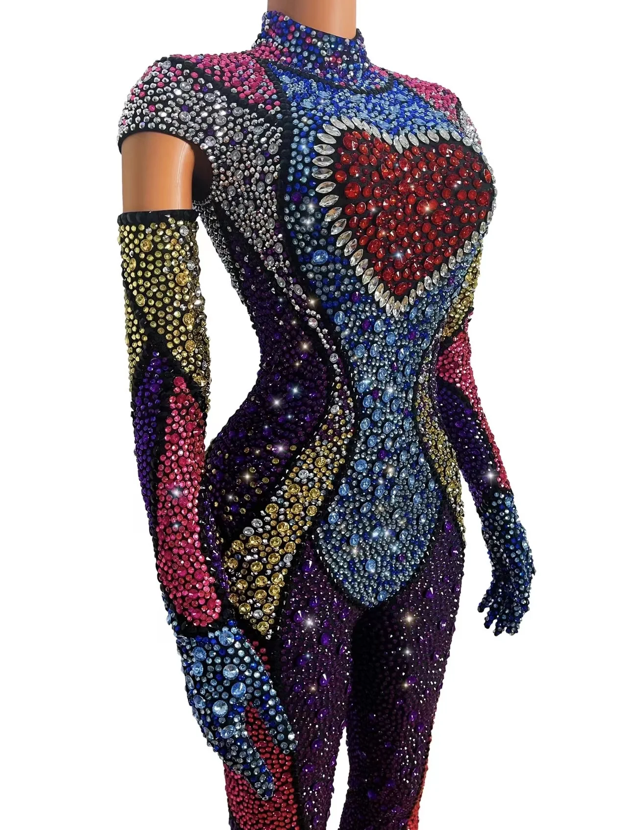 Birthday Show Club Dress Colorful Rhinestones Jumpsuit Celebrate Outfit Evening Birthday Love Heart Stretch Costume Rompers