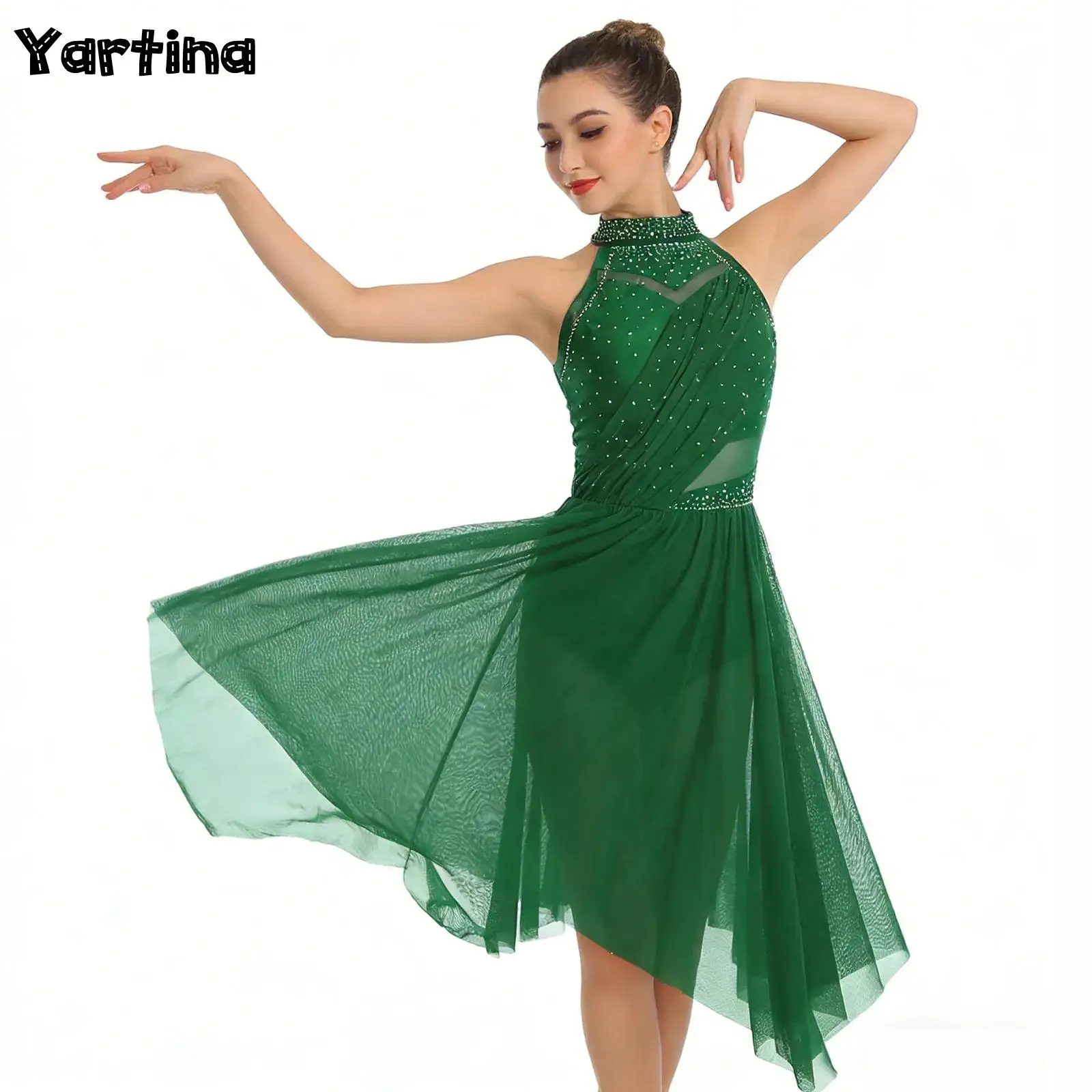 

Womens Ballet Lyrical Dance Costumes Halter Glittery Rhinestone Irregular Mesh Ruffled Skirt Hem Built-In Briefs Dance Dress