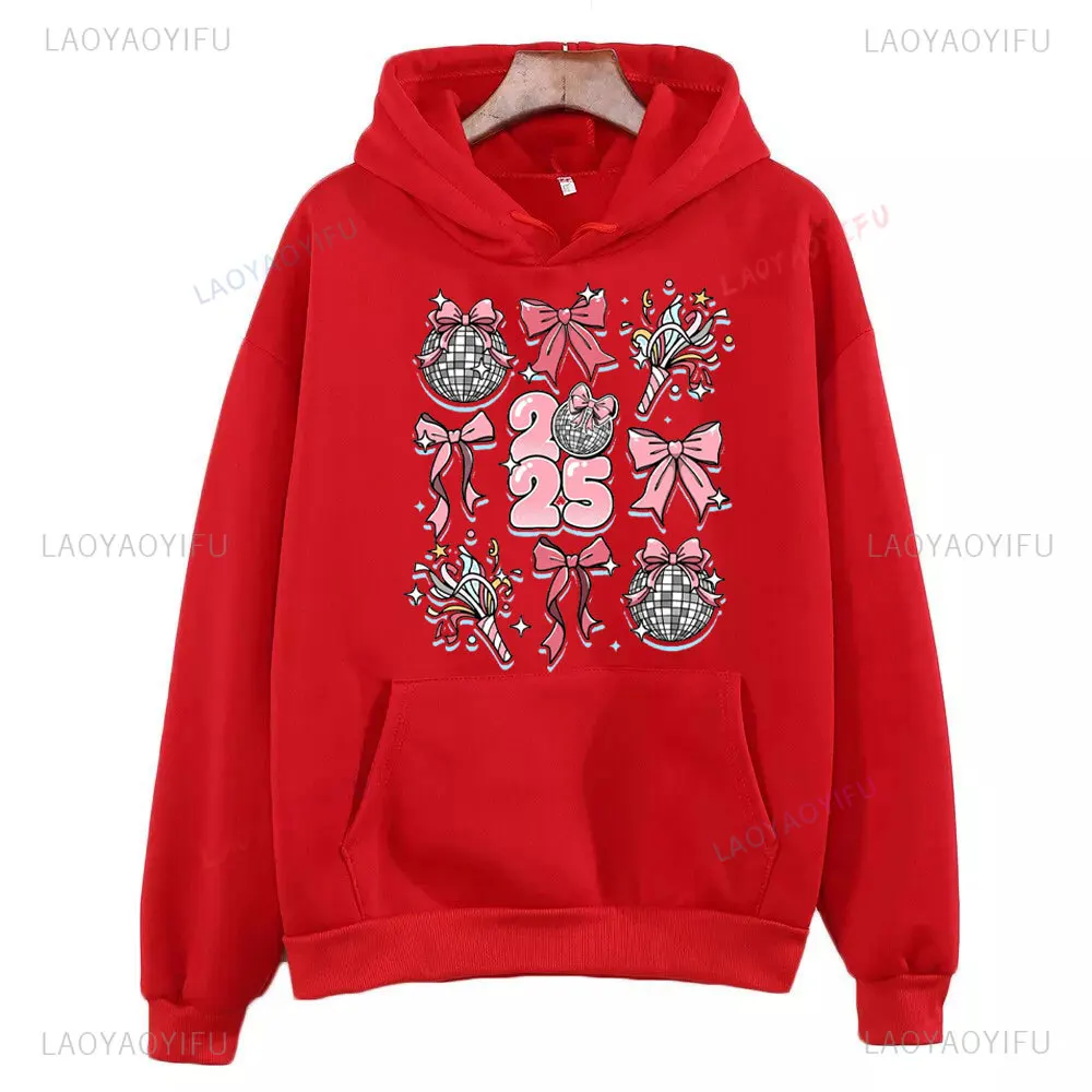 2025 Happy New Year Bow Disco Ball Toy Firework Woman Graphic Hoodie Autumn and Winter Drop Shoulder Warm Sweatshirt Long Sleeve