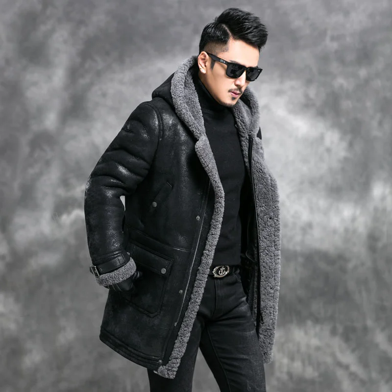 Shearling Jacket Sheep Men Winter Real Fur Coat Mens Genuine Leather Jacket Hooded Vintage Long Thick Leather Coats 4670