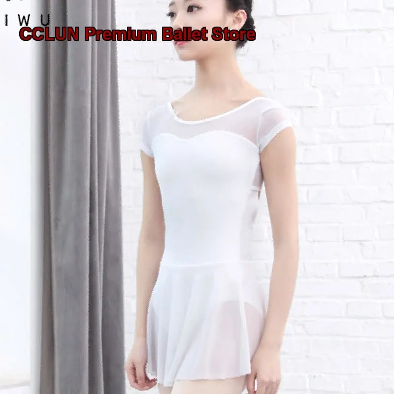 Baiwu Dance Body Suit With Skirt One-Piece Dress Short Sleeves Women's Practice Leotard with Removable Pads With Cups