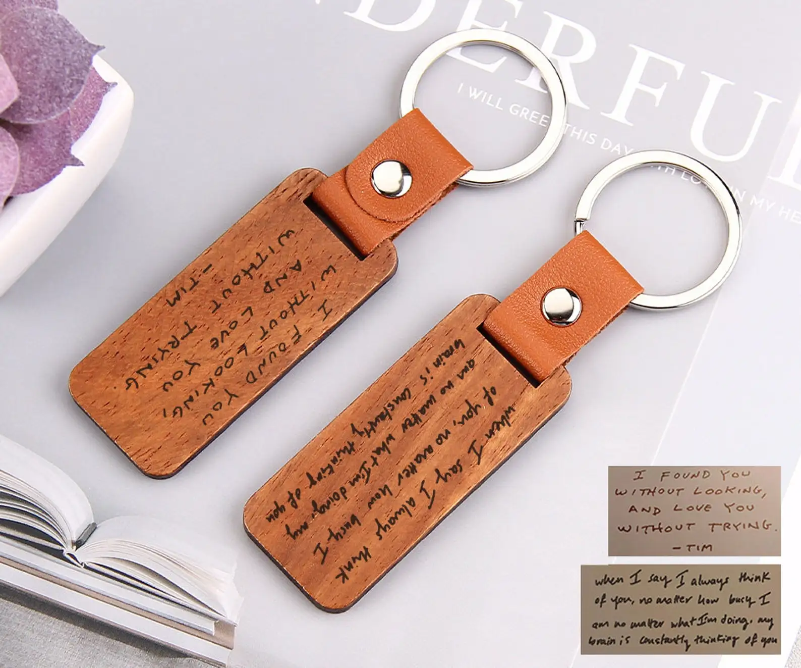 

Personalised Handwriting Wooden Keychain, Custom Engraved Text Keyring, Gift For Anniversary