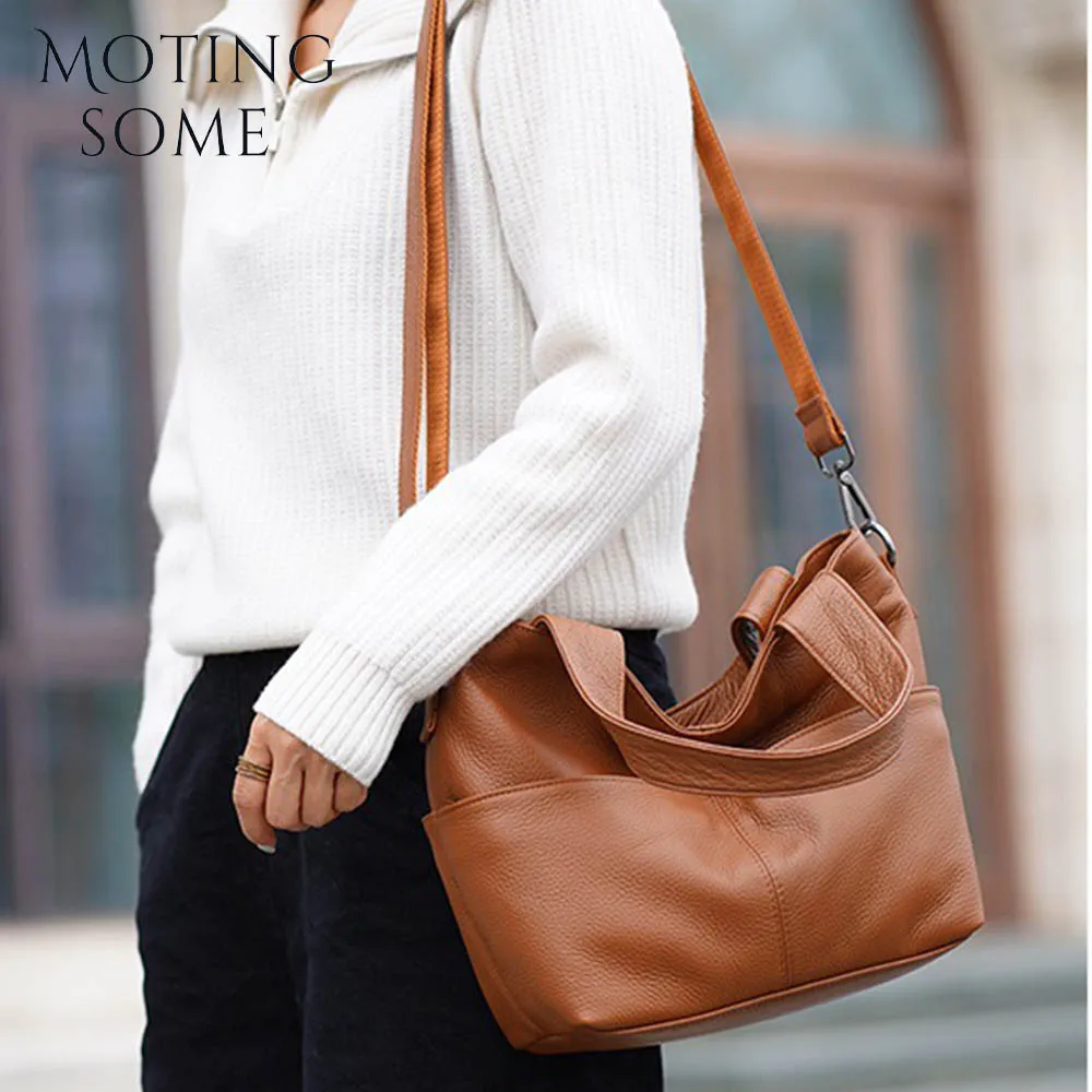 Motingsome Luxury Leather Woman Bag Full Grain Cowhide Multi-pocket Shopper Tote Crossbody Shoulder Handbag Thick Cowhide Bags