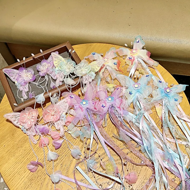 1 زوج طفل الفتيات Hanfu أغطية الرأس فراشة الشريط شرابة دبوس الشعر للأطفال النمط الصيني مشبك شعر إكسسوارات شعر الأميرة